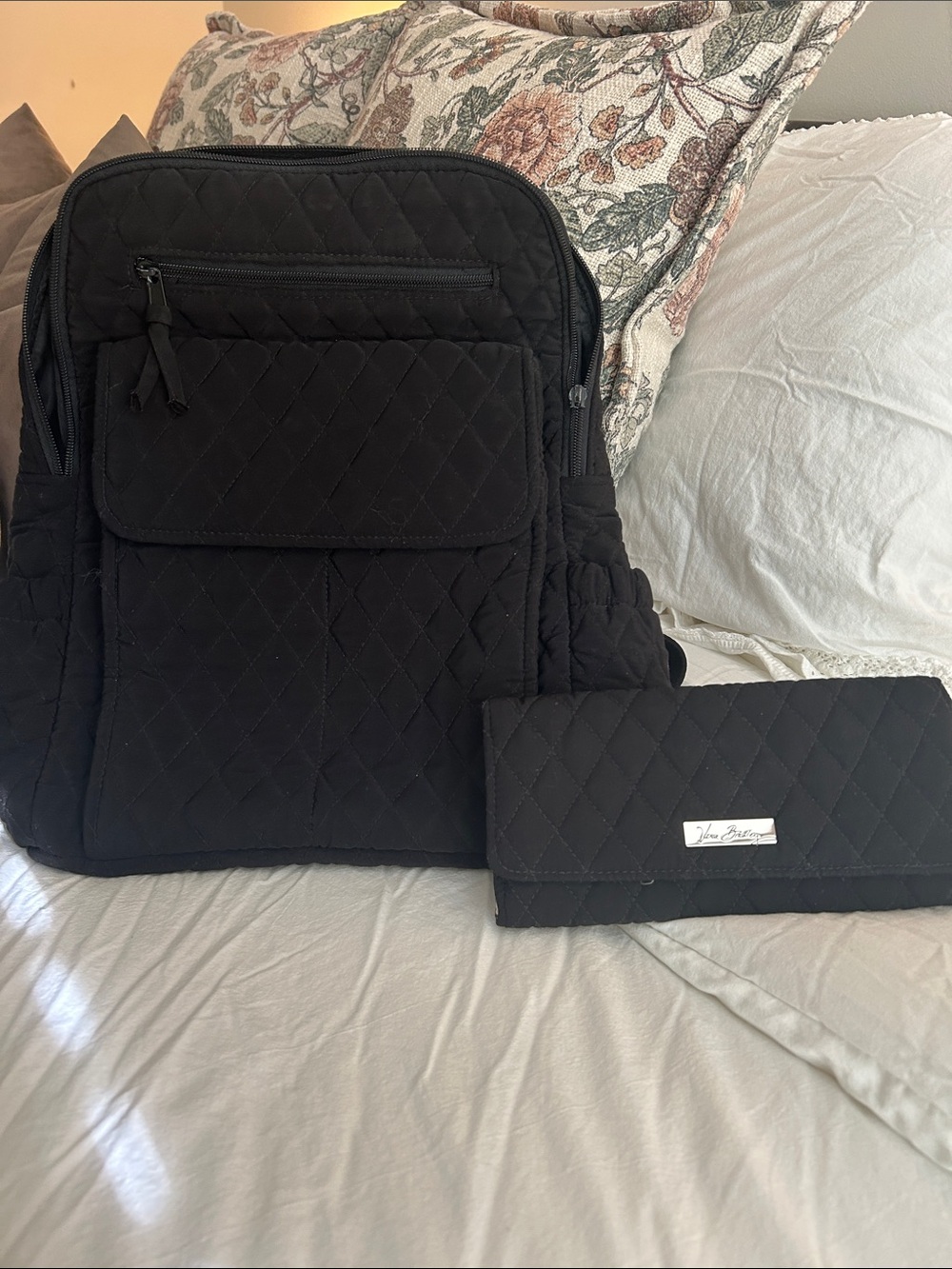 Vera Bradley Black Quilted Backpack with Matching Wallet